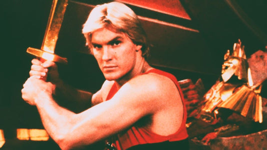 Flash Gordon wielding glittering golden sword.