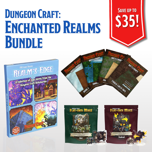 Complete Realm’s Edge terrain and miniatures set displayed on table, showing battle maps and full-color acrylic minis.
