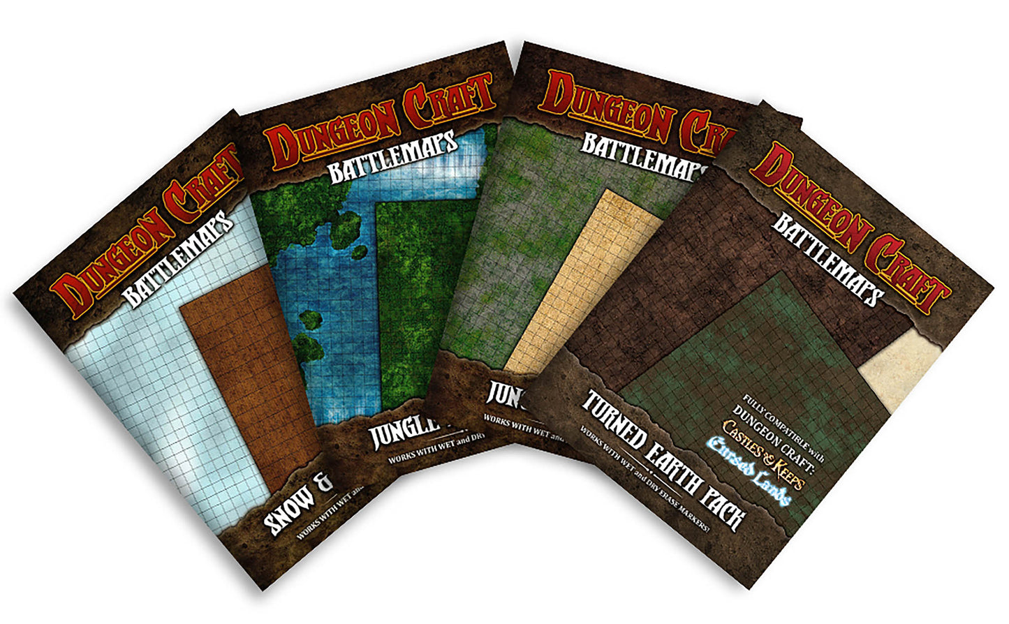 Lost World TTRPG map pack with four terrain designs laid out flat on white background