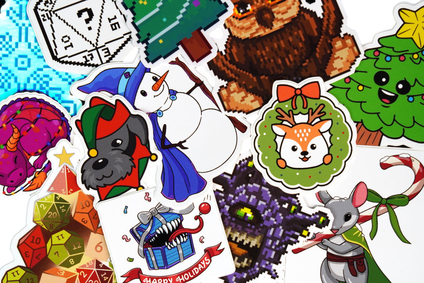 Holiday Mystery Dice Set – Loads of unique holiday dice stickers and pins!