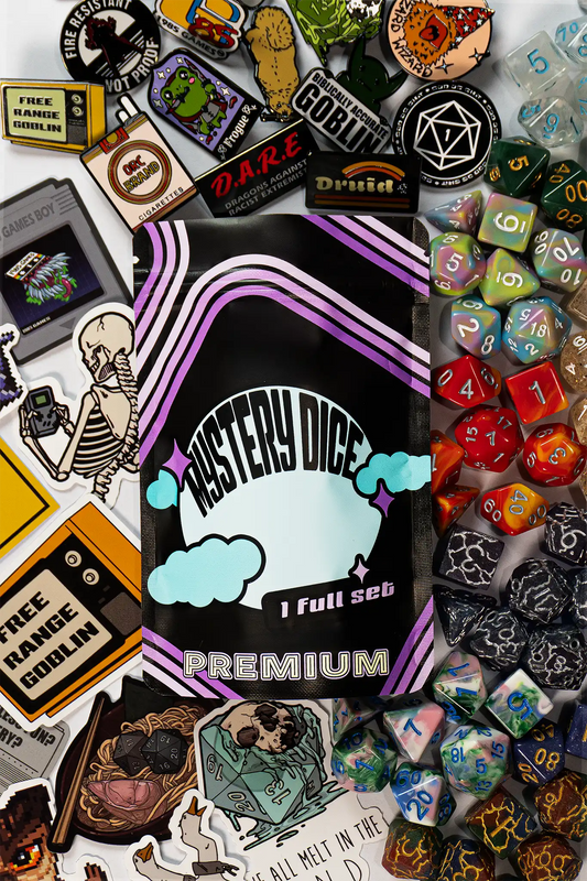 Premium Mystery Dice Set β 100's of different dice, stickers and pins! Handpacked in Portland, OR.