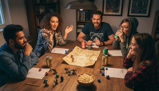 Friends playing tabletop RPG with dice set
