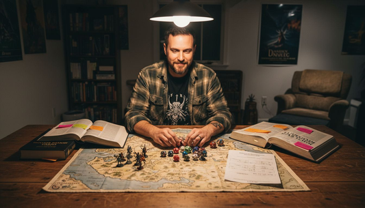 Dungeon Master sorts dice and miniatures