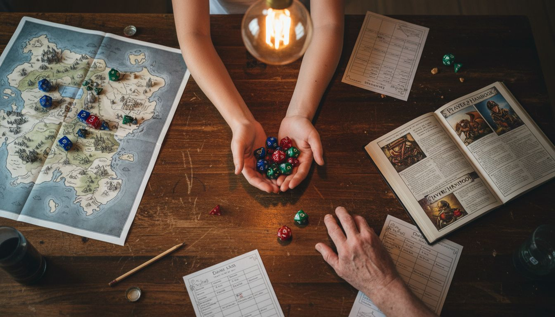 Hands gathering D&D polyhedral dice on tabletop