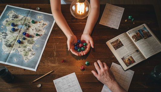 Hands gathering D&D polyhedral dice on tabletop