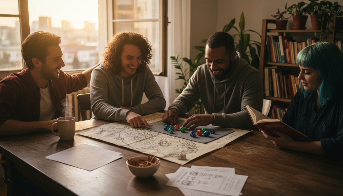 Friends playing DnD with dice and books