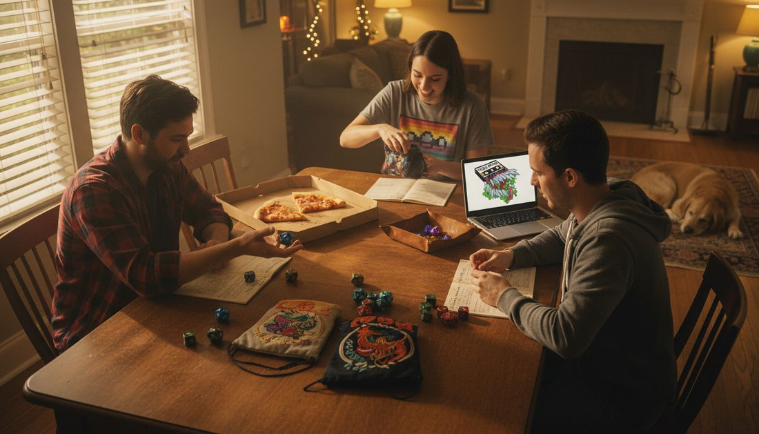 Group rolling mystery dice in D&D session