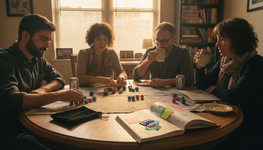 Friends gathering at table for RPG dice game