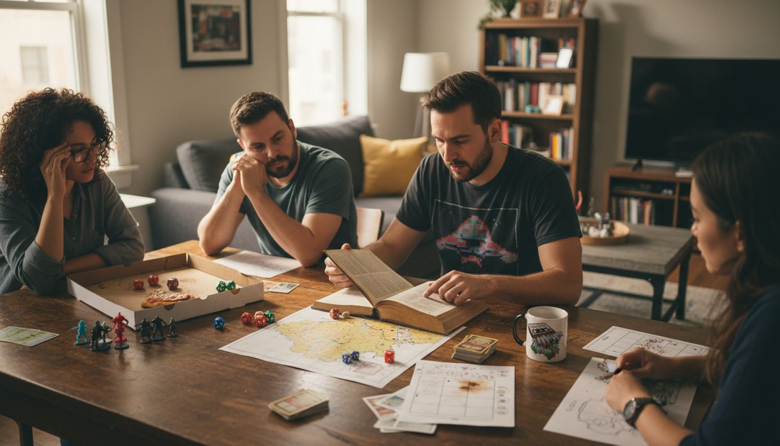Tabletop RPG group around a cluttered game table