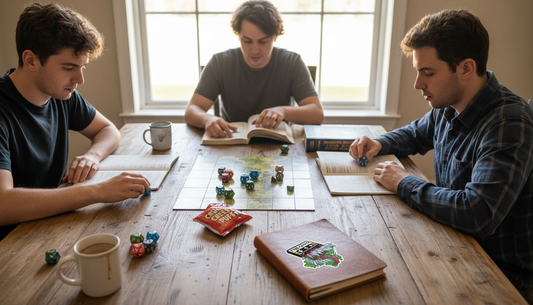 Players rolling themed dice in RPG session