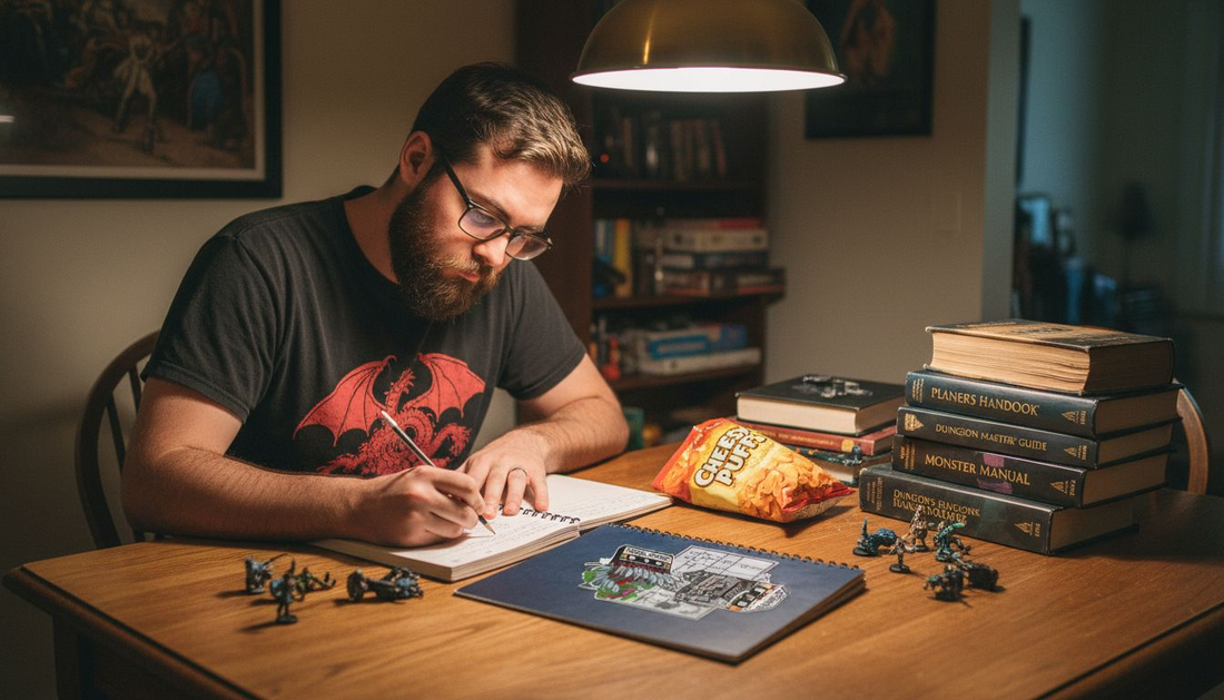 Game master prepares D&D session at home table