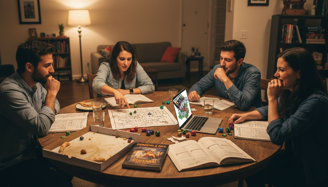 Friends playing tabletop RPG around dining table