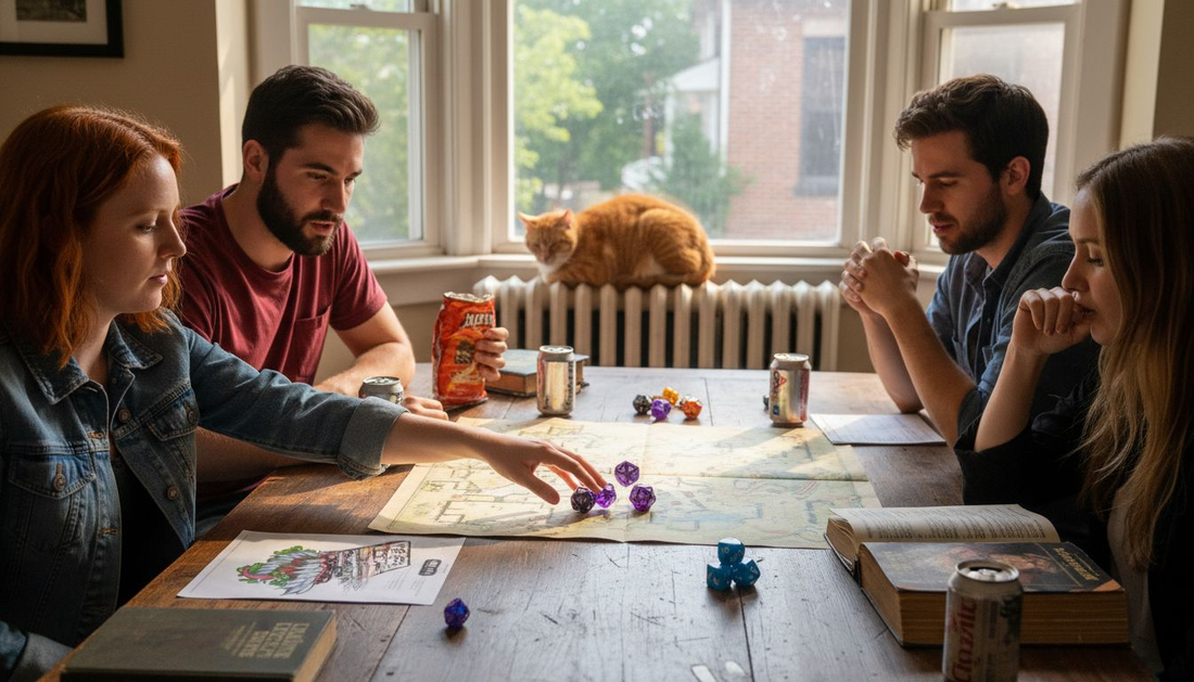 Friends rolling custom dice at RPG session