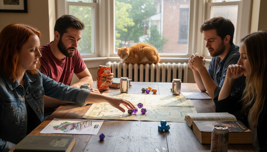Friends rolling custom dice at RPG session