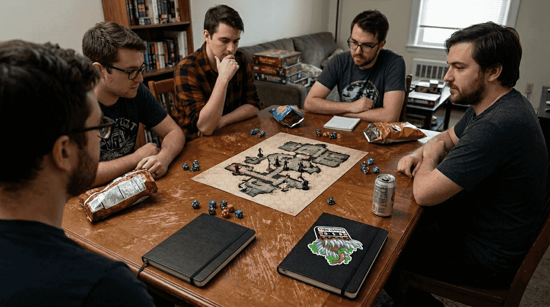 Friends playing tabletop RPG with accessories