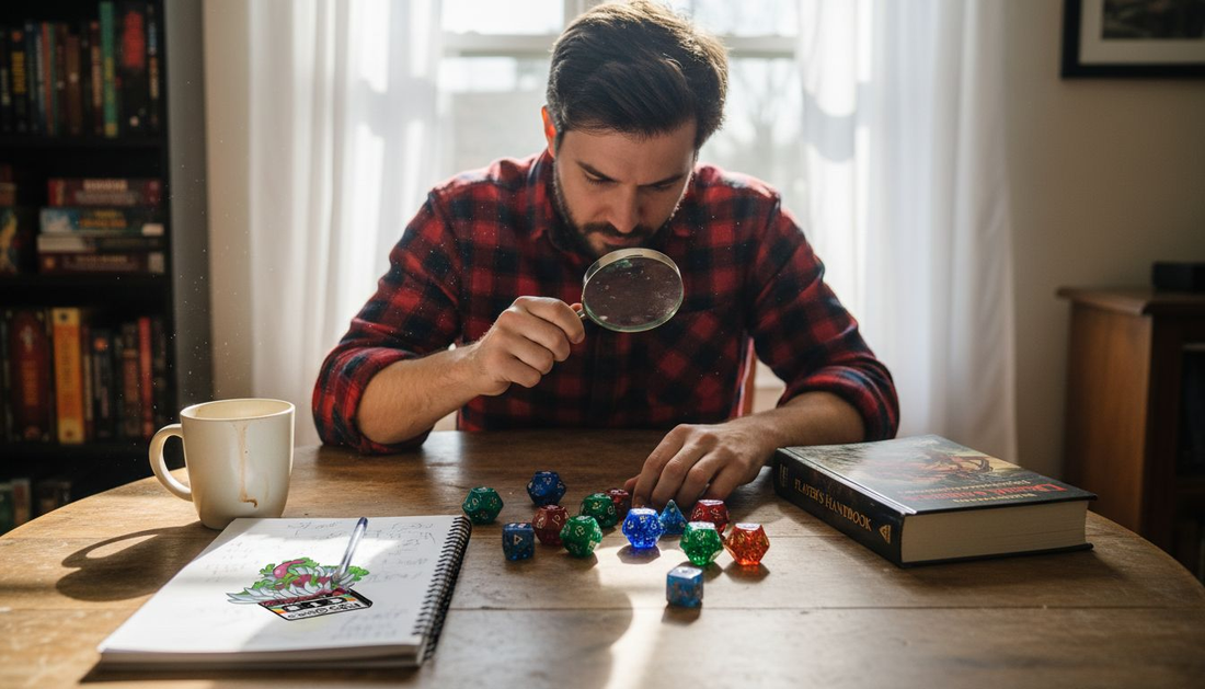 Person inspecting dice set for quality