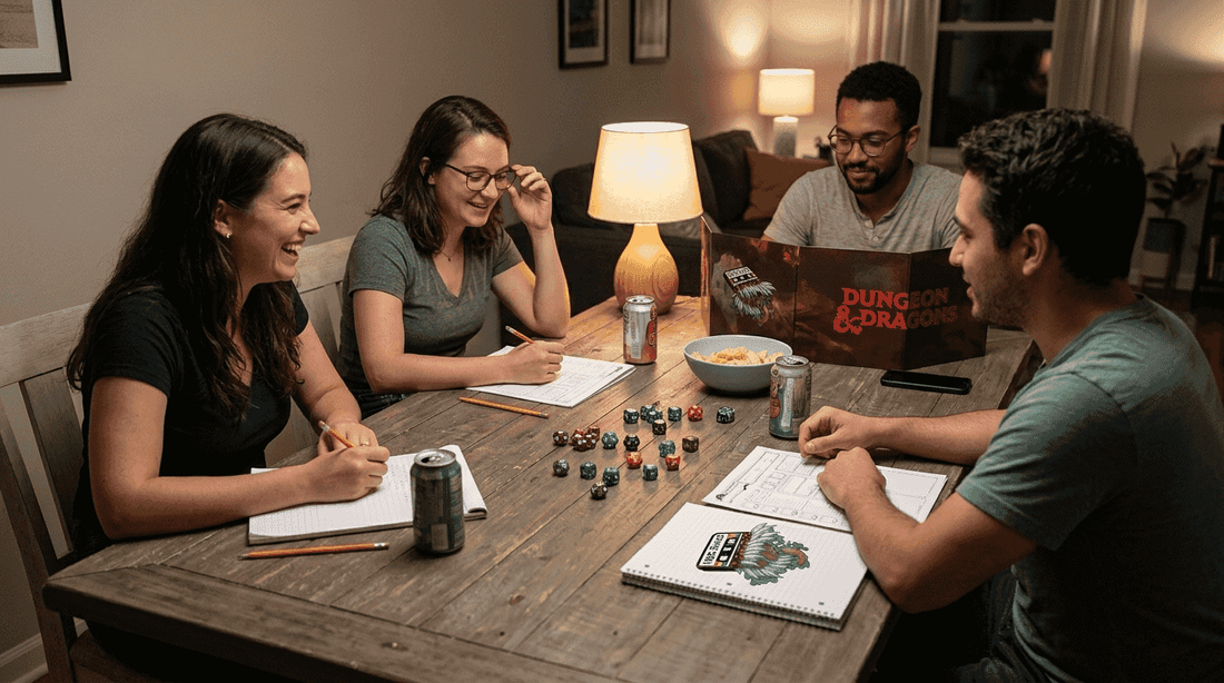 Friends playing D&D with varied dice sets