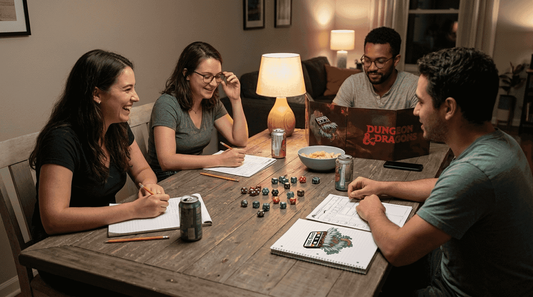 Friends playing D&D with varied dice sets