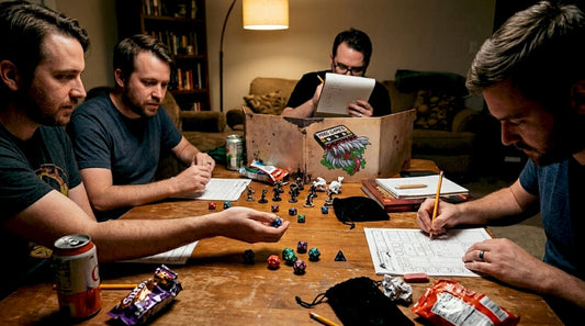 Friends playing D&D rolling colorful dice