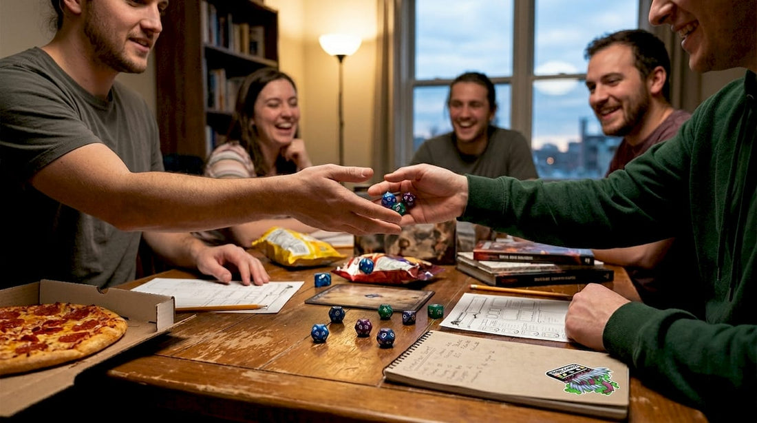 Friends rolling dice during tabletop RPG session