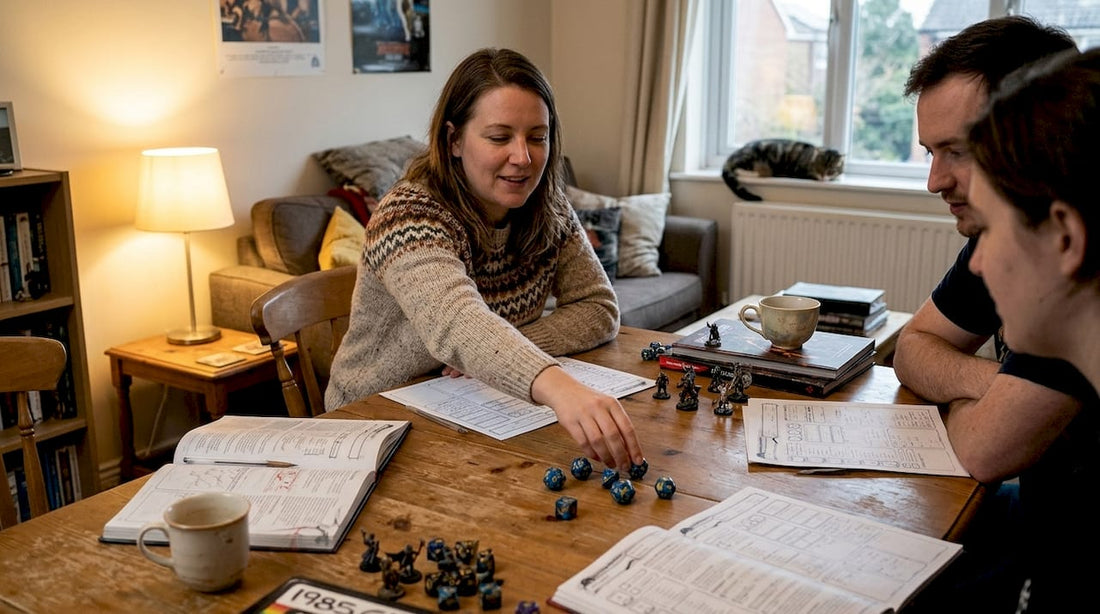 RPG group using themed dice at table