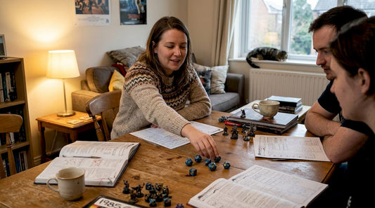 RPG group using themed dice at table