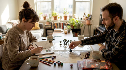 Friends setting up D&D battle map at home