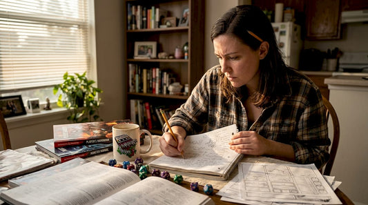 Dungeon Master planning D&D campaign at crowded table