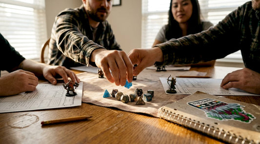 Friends using quality dice at tabletop session
