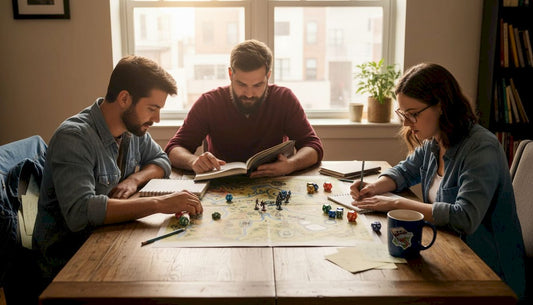 Friends playing TTRPG with printed battle map