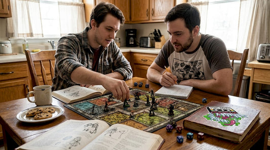Friends playing RPG with battle map and dice
