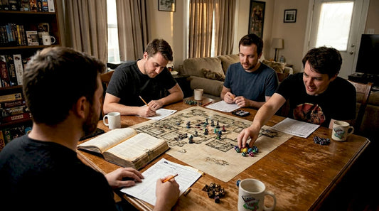 Friends gathered around tabletop battle map