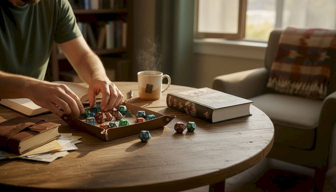 Hands arranging premium RPG dice sets