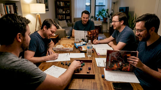 Tabletop gamers at home with essentials