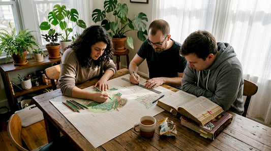 Friends sketching a fantasy battle map together