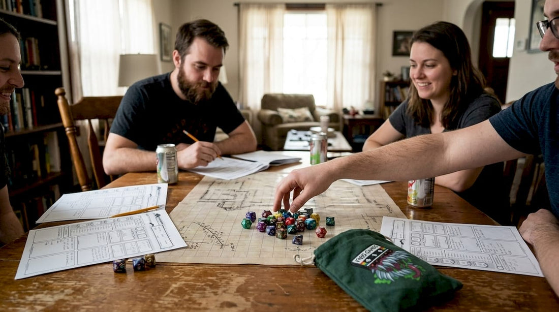 D&D players reaching for polyhedral dice on table
