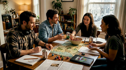 Friends playing tabletop RPG around dining table