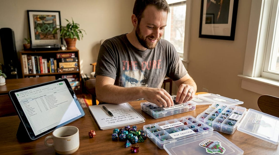 Collector organizing dice collection at home