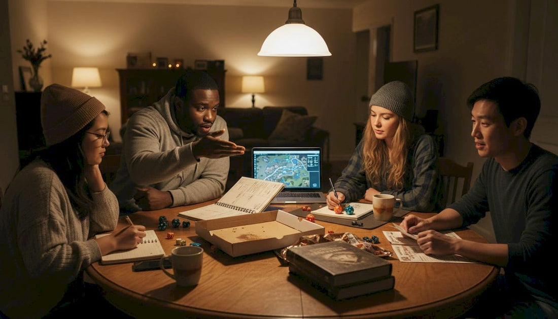 Friends playing tabletop RPG in cozy living room