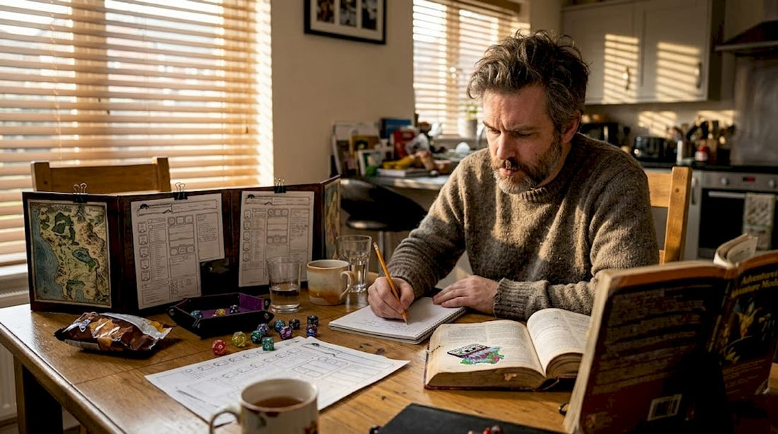 Dungeon Master workspace with rulebook and dice
