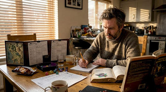 Dungeon Master workspace with rulebook and dice