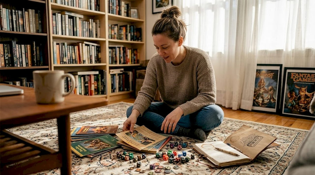 Person sorting vintage TTRPG collectibles at home
