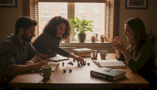 Friends playing tabletop game at kitchen table