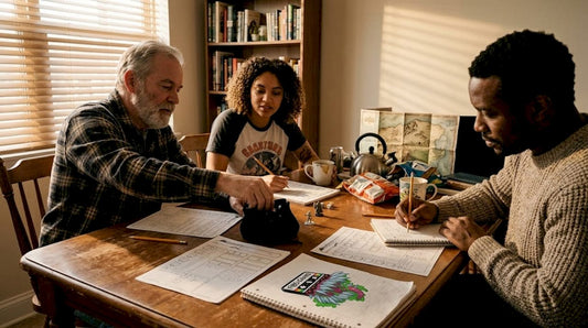 Group playing RPG at cluttered table