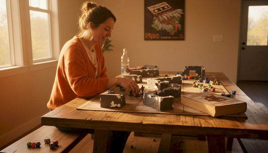Woman adjusting miniatures on tabletop terrain
