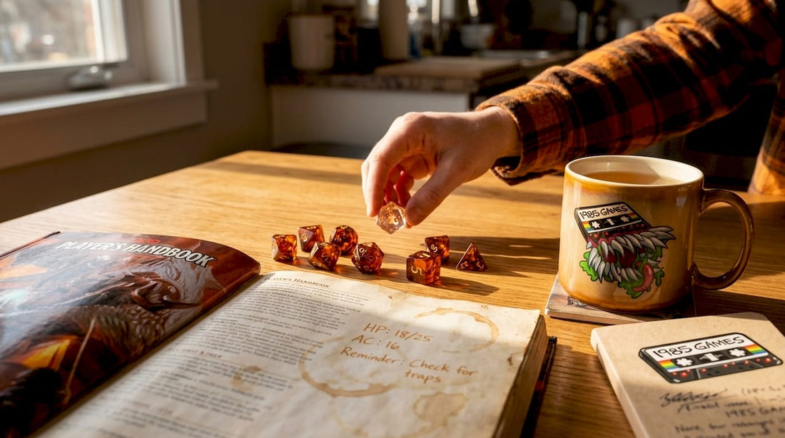Sharp edge dice on D&D book in sunlight