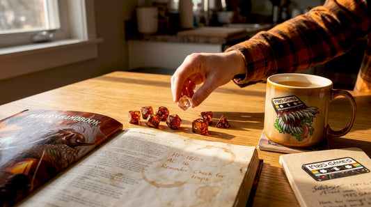 Sharp edge dice on D&D book in sunlight