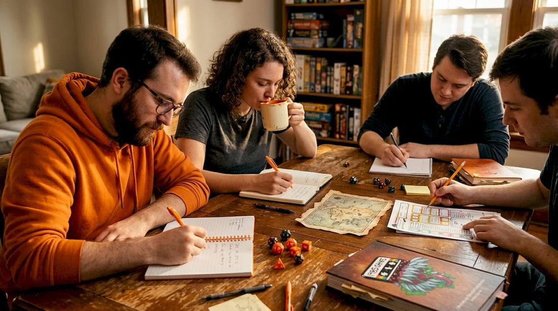 RPG group journaling around gaming table