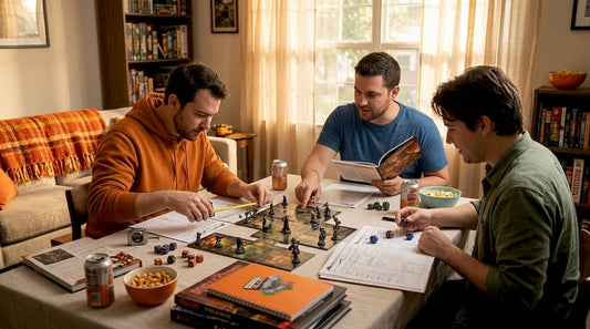 Friends playing tabletop miniatures game together