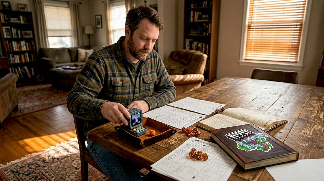 Man sets up hybrid RPG accessories on table